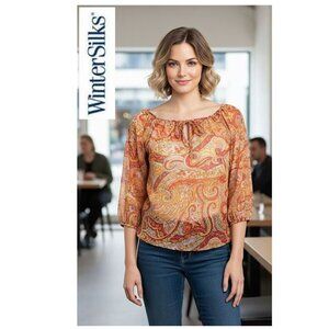 WINTER SILKS - 100% silk Boho short sleeve orange paisley blouse